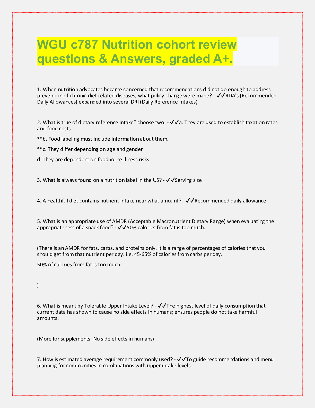 Preview of WGU c787 Nutrition cohort review questions and answers | Graded A+